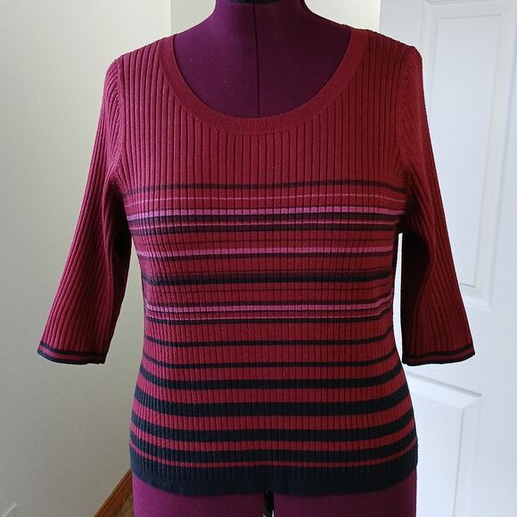 Lane Bryant Red Ribbed Striped Sweater Large missing tags 3/4 sleeves crew neck - Picture 5 of 11